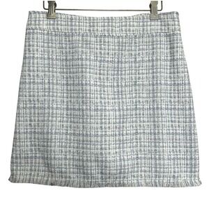Maison dAmelie Tweed Mini Skirt Blue White Plaid Frayed Hem Back Zip Women 2